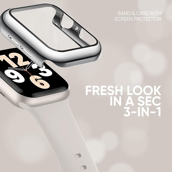 Compatible for Apple Watch Band 38mm and Case with Screen Protector, Soft Silicone Sport Strap Bands and Protective Cover with Tempered Glass for iWatch Series 9 8 7 SE 6 5 4