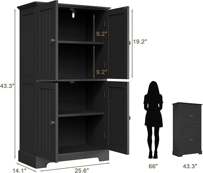 ChooChoo Bathroom Floor Cabinet, Modern Bathroom Storage Cabinet with 4 Doors and Adjustable Shelves, Freestanding Cupboard for Living Room, Kitchen Pantry, Black