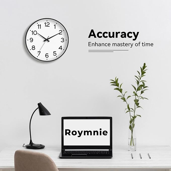 Roymnie Wall Clock 10 Inch Silent Wall Clocks Battery Operated-Modern Non Ticking Analog Clock Decorative for Kitchen Bedroom Office (Black)
