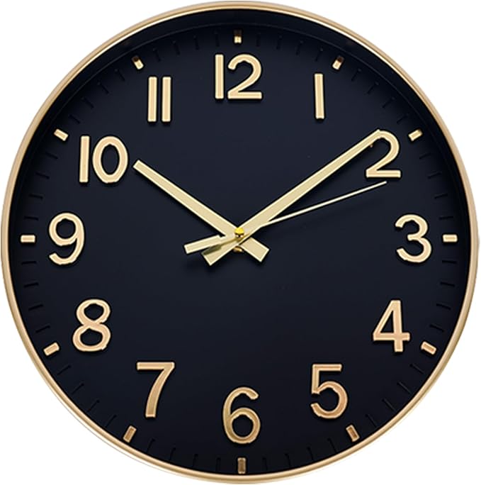 HZDHCLH Wall Clocks Battery Operated,Wall Clock Black Gold,8 inch Wall Clock Silent Non Ticking Modern 3D Numbers for Kitchen Bedroom Living Room Office Classroom Decor
