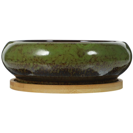 GANAZONO Succulent Succulent Planters with Drainage Ceramic Bonsai Pots with Bamboo Trays Round Shallow Pots for Indoor Cactus Flower Plants Green