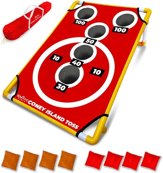 SWOOC Games - Coney Island Toss™ - Arcade Style Cornhole Board Set w/Carrying Case & 15+ Games - Corn Hole Games for Adults - Kids Bean Bag Toss Game - Kids Cornhole Set w/Bags - Outdoor Yard Games