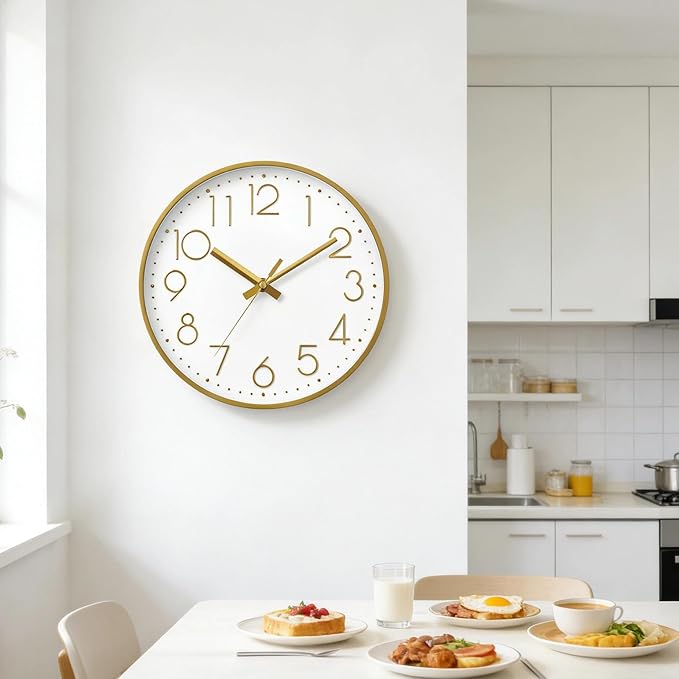 DAXSMY Wall Clock - 10 Inch Silent Non-Ticking Modern 3D Wall Clocks Battery Operated - Decorative Clock for Kitchen, Home Office, Bathroom, Bedroom(Gold)
