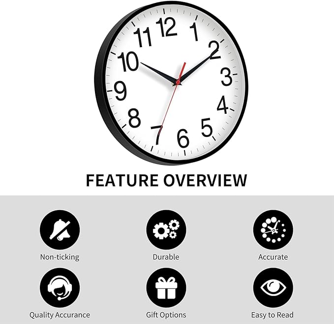 Rohioue 18 Inch Wall Clock, Modern Battery Operated Wall Clocks, Silent Non Ticking Large Analog Clock for Living Room, Office, Home, Bedroom, Kitchen, Bathroom(Black)