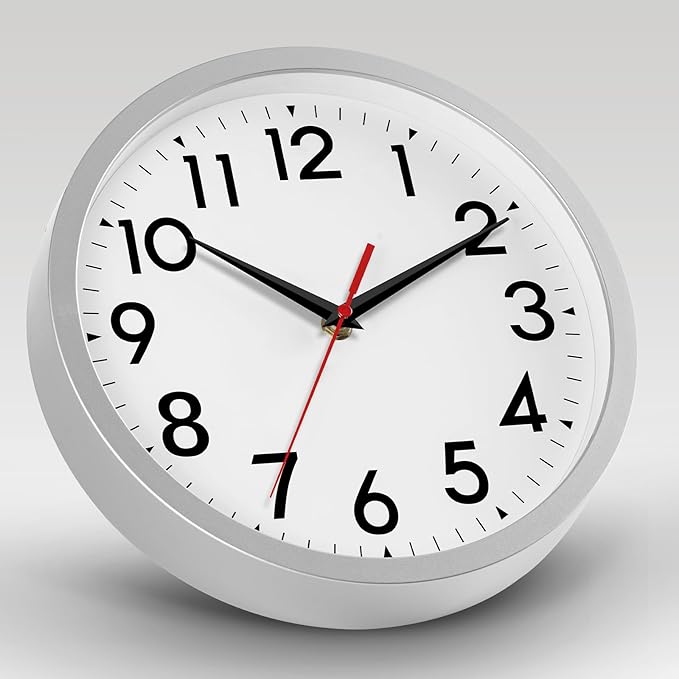 DAXSMY 12 Inch Wall Clock Battery Operated Silent Non Ticking Analog Modern Decorative for Office Kitchen Outdoor Living Room Classroom Bedroom Bathroom School(Silver)