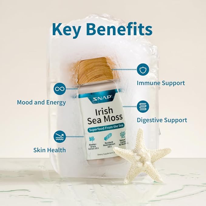 Snap Supplements Irish Sea Moss Capsules with Bladderwrack, Burdock Root & Iodine ??Supports Energy, Immune Health, Digestion & Skin ??60 Capsules