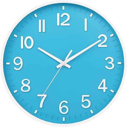 HZDHCLH Wall Clocks Battery Operated,Wall Clock Blue and White 10 inch Wall Clock Silent Non Ticking Modern 3D Numbers for Office Kitchen Classroom Bedroom Living Room Decor