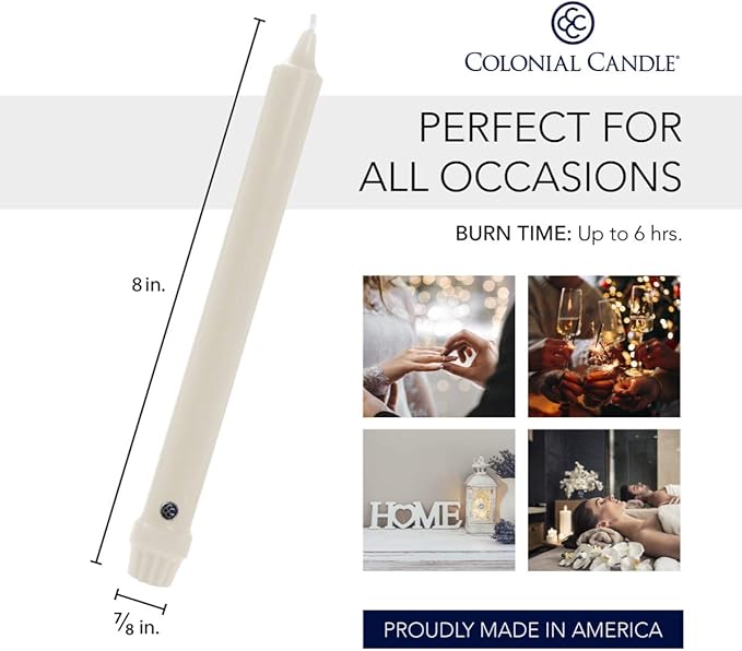 Colonial Candle Unscented Taper Candle, Classic Collection, Indigo, 8 In, Pack of 12 - Up to 6 Hours Burn