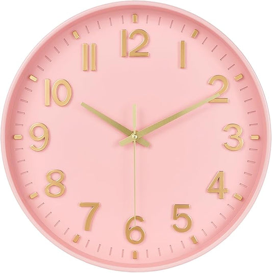 HZDHCLH Wall Clocks Battery Operated,Wall Clock Pink Gold 10 inch Wall Clock Silent Non Ticking Modern 3D Numbers for Office Kitchen Classroom Bedroom Living Room Decor