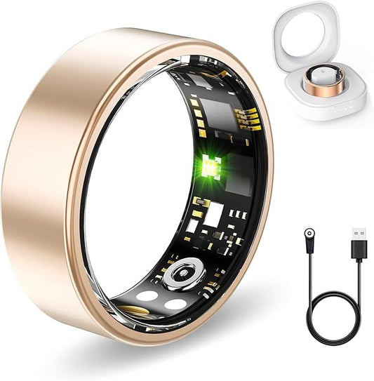 Smart Health Rings for Women Men, Fitness Tracker with Heart Rate, Blood Oxygen, HRV, Sleep Tracker, Step Tracker, No Subscription Fee, IP68 Waterproof Smart Ring for iphone & Android (Gold, 10#)