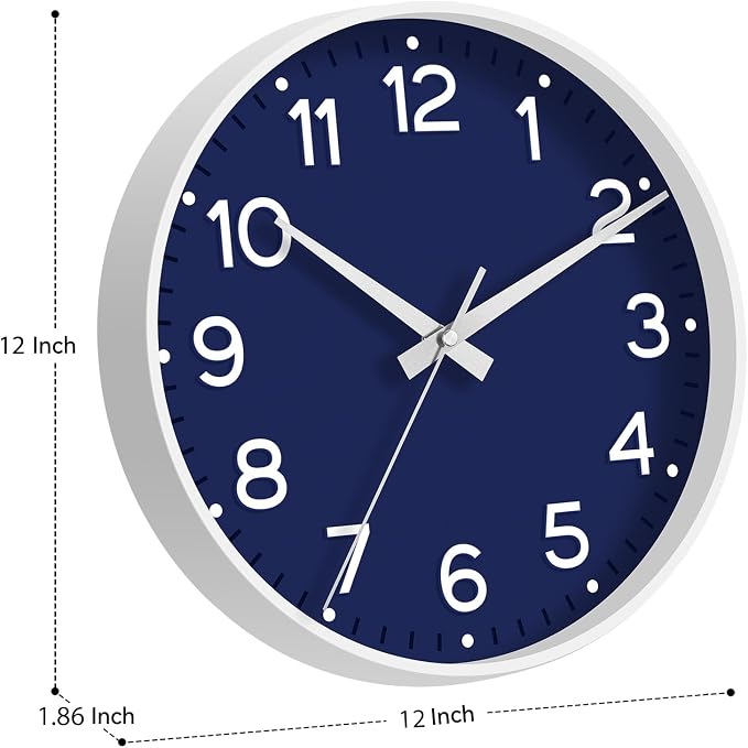 Roymnie Wall Clock 12 Inch Silent Wall Clocks Battery Operated- Modern Non Ticking Analog Clock Decorative for Living Room Bedroom Office Kitchen(Navy Blue)