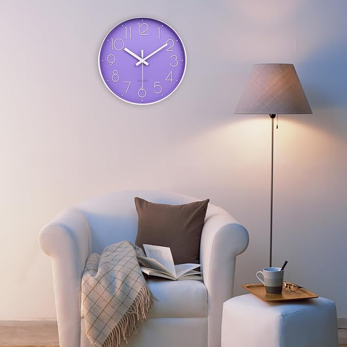 jomparis Purple Wall Clock 12 Inches Silent Quartz Wall Clock Lavender Decor for Girls Bedroom, Nursery