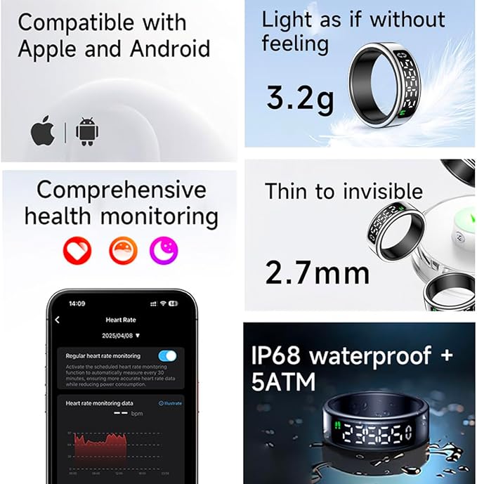 Smart Health Ring with Screen,for Women Men Fitness Tracker with Heart Rate, Blood Oxygen, HRV, Sleep Monitoring, Step Counting, IP68 for iPhone and Android, No Subscription Fee (Gold, 11#)