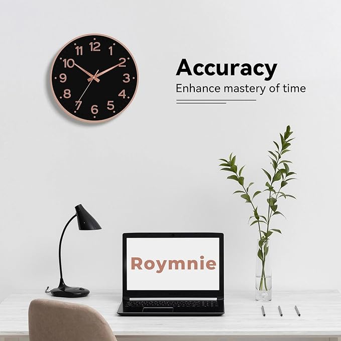 Roymnie Wall Clock 12 Inch Silent Wall Clocks Battery Operated-Modern Non Ticking Analog Clock Decorative for Kitchen Bedroom Office (Black Rose Gold)