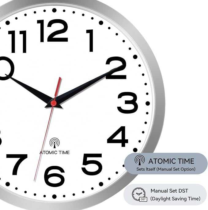 Roymnie Atomic Wall Clock 14 Inch, Modern Clock Battery Operated Classic Analog Decorative for Kitchen, Living Room, Office, Bedroom, Bathroom (Silver)