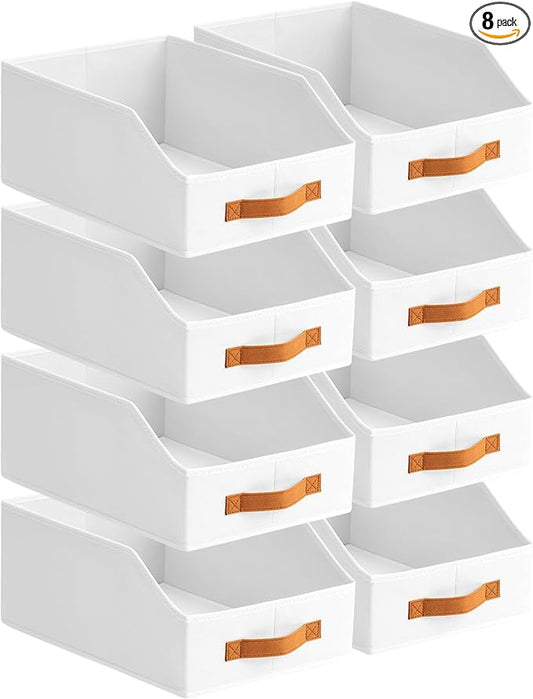 Homsorout Fabric Storage Bins for Organizing - 8 Pack Large Trapezoid Collapsible Storage Bins with Front Handle, Closet Organizers and Storage for Bedroom, Home Shelves, Small Spaces, White