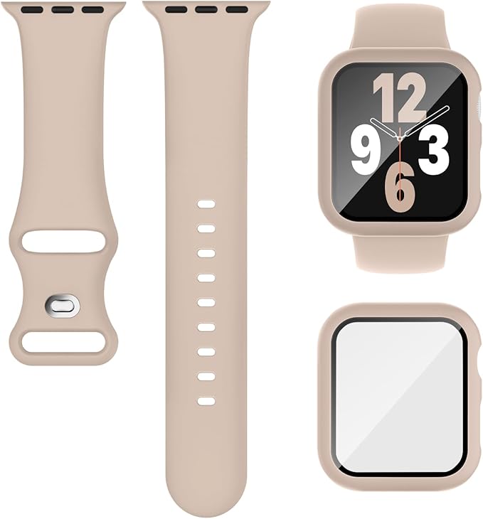 Compatible for Apple Watch Band 40mm 41mm and Case with Screen Protector, Soft Silicone Sport Strap Bands and Protective Cover with Tempered Glass for iWatch Series 9 8 7 SE 6 5 4