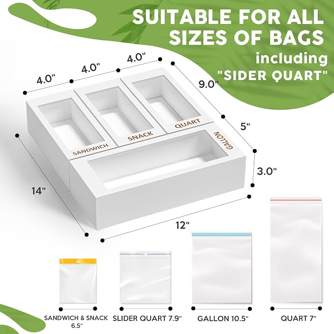 DALSHABET Bamboo Storage Bag Organizer for Kitchen Drawer, 4 Separate Food Storage Bag Organizer, 12x14 Baggie Organizer Dispenser for All Brands Gallon, Snack, Sandwich & Quart Slider Bags White