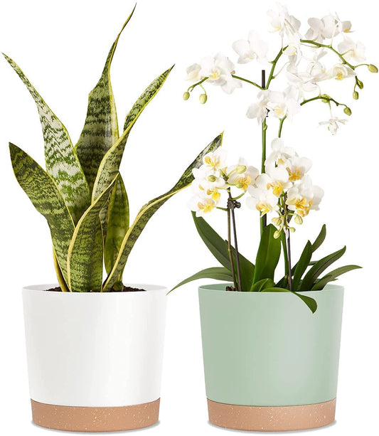 kubvici 8'' Plastic Flower Planter Pots Set of 2 Indoor Outdoor Planters with Drainage Saucer for Garden Home (Green & White, 8 inch)