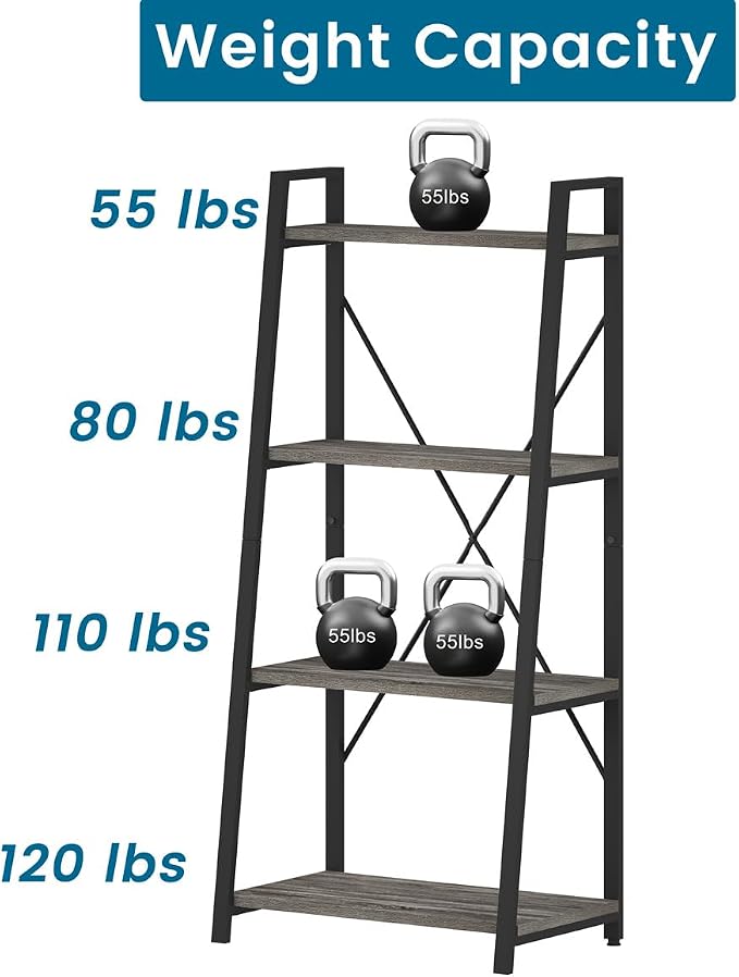 BON AUGURE Ladder Bookshelf, 4 Tier Ladder Shelf Bookcase, Wood Leaning Book Shelves for Living Room, Bedroom, Home Office Shelving Unit (Dark Grey Oak)