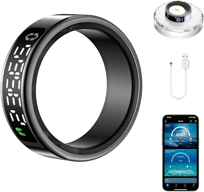 Smart Health Ring with Screen,for Women Men Fitness Tracker Heart Rate, Blood Oxygen, HRV, Sleep Monitoring, Step Counting, IP68 for iPhone and Android, No Subscription Fee (Black, 9#)