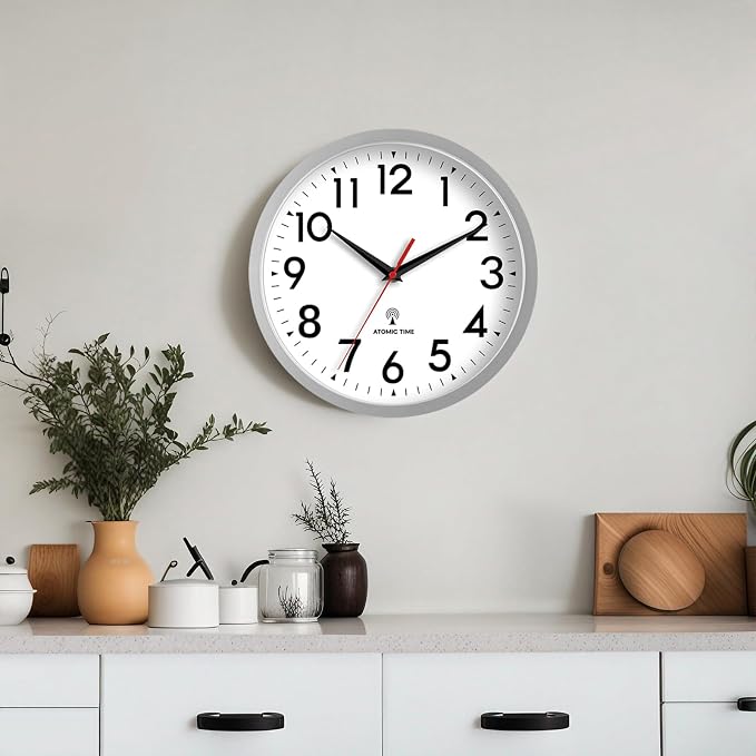 DAXSMY Atomic Wall Clock Analog 10 Inch Battery Operated Modern Decorative for Living Room Kitchen Office Bedroom Bathroom(Silver)