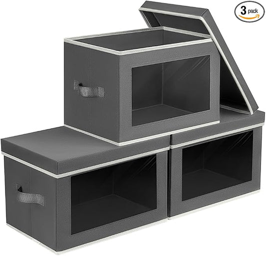Homsorout Storage Bins with Lids - Fabric Storage Boxe with Window, Collapsible Closet Organizers with Handles, 3 Pack Decorative Bin, Home Cubes Baskets for Clothes, Hat, Books, Dark Grey