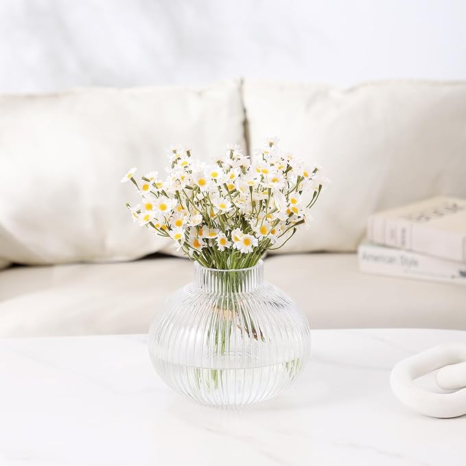 Round Glass Vase, Flower Vases for Bouquet, Ribbed Glass Vases for Flowers, Small Clear Vase for Living Room, Office, Coffee Table, Shelf, Wedding, 6 Inches