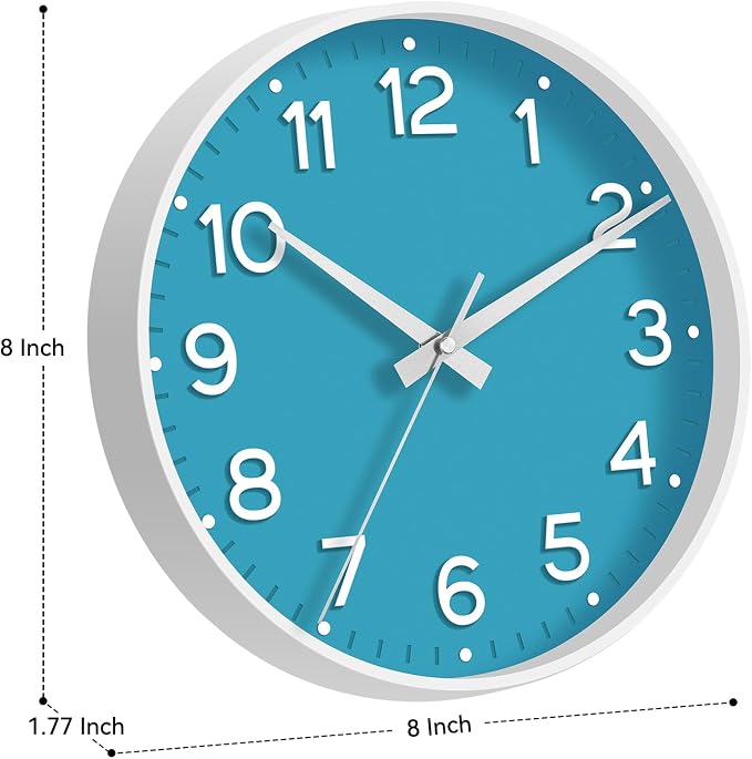 Roymnie Wall Clock, Silent Wall Clocks Battery Operated 8 Inch-Modern Non Ticking Analog Clock Decorative for Kitchen Office Bathroom Bedroom(Blue)