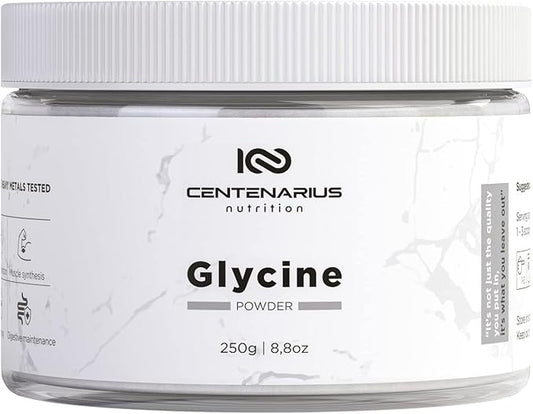 Glycine Powder 250g | Non-Essential Amino Acids Supplement for Post Workout Muscle Recovery, Digestion, Sleep Aid + More - Vegan, Additive-Free, Third-Party Tested | Centenarius Nutrition
