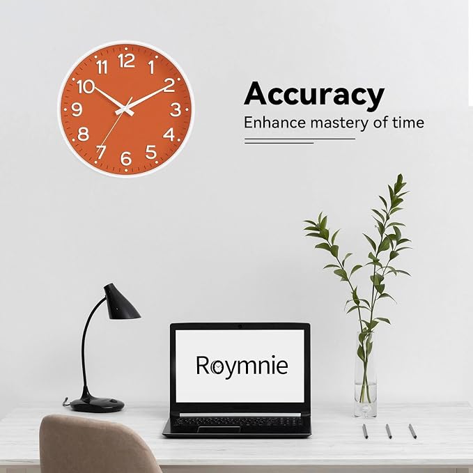 Roymnie Wall Clock 10 Inch Silent Wall Clocks Battery Operated-Modern Non Ticking Analog Clock Decorative for Kitchen Bedroom Office Bathroom(Orange)