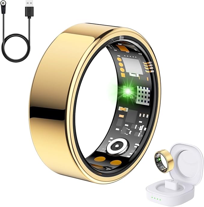 Health Tracker Ring, Smart Health Ring for Women Men with Heart Rate, Blood Oxygen, Sleep Monitor, Steps,Calories, No Subscription Fee, IP68 Waterproof Smart Ring for iPhone & Android (Gold, 7#)