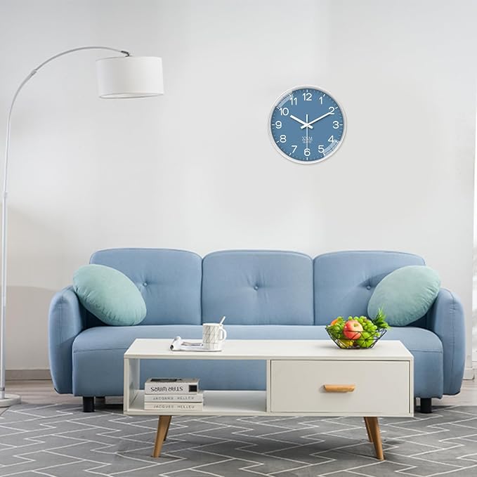 XNM Modern Wall Clocks Battery Operated Classic Analog Clock for Living Room Kitchen Bedroom Decor 12 Inch Simple Blue Wall Clock Silent Non Ticking