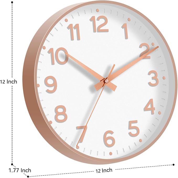 Roymnie Wall Clock 12 Inch Silent Wall Clocks Battery Operated- Modern Non Ticking Analog Clock Decorative for Living Room Bedroom Office Kitchen(White Rose Gold)