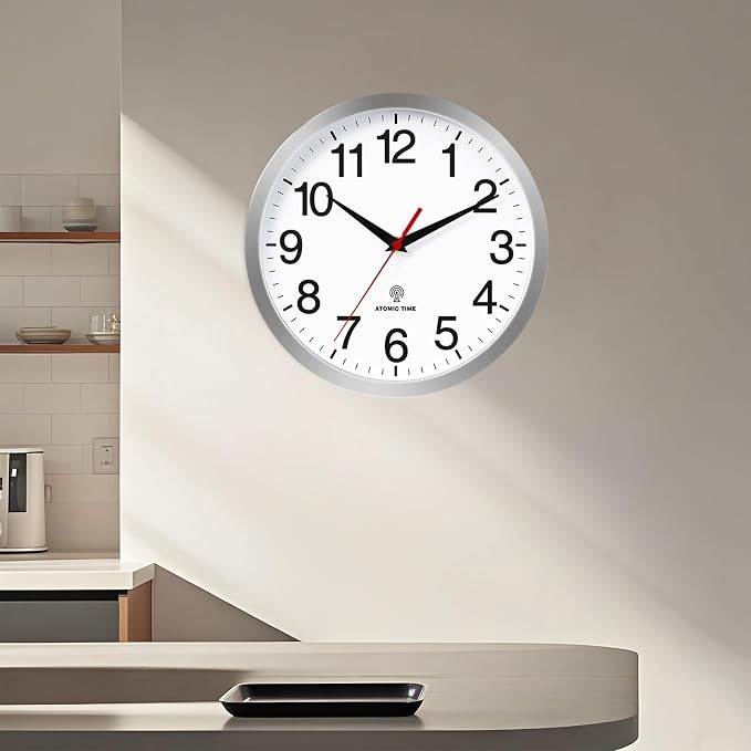 Rohioue Atomic Wall Clock Modern 12 Inch Battery Operated Analog Clock Decorative for Bedroom Kitchen Bathroom Office Home Living Room (Silver)