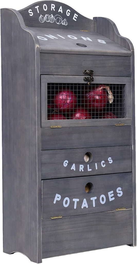 ARTAWEIN Potato Storage Bin Wall-mountable Potato Box with Lid Rustic and Garlic Drawer Onion Organizer with Grocery Section Decorative Vegetable Organization Cabinet for Kitchen