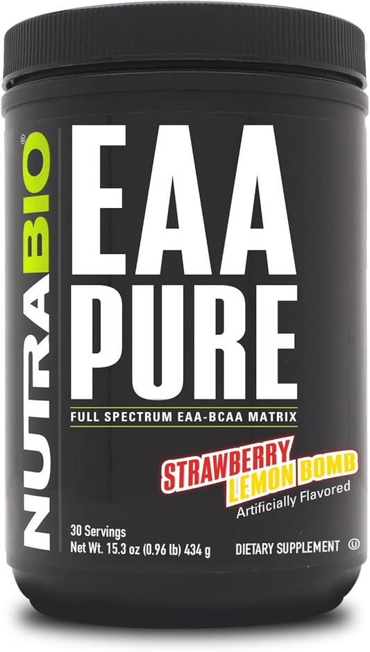 NutraBio ??EAA Pure ??9 Amino Acids ??Muscle Repair and Recovery, 30 Servings, Strawberry Lemon Bomb ??Pre or Post Workout ??All Day Recovery