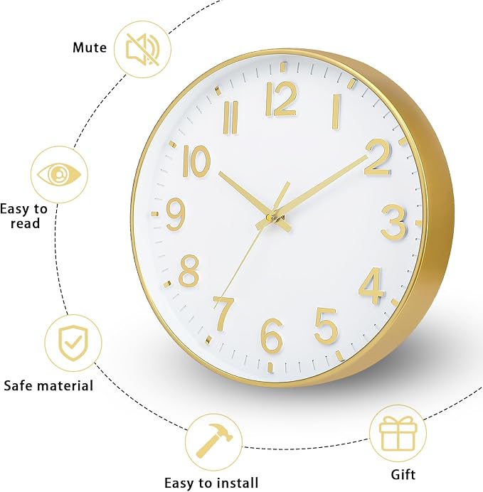 HZDHCLH Wall Clocks Battery Operated,Wall Clock White Gold,8 inch Wall Clock Silent Non Ticking Modern 3D Numbers for Office Kitchen Classroom Bedroom Living Room Decor