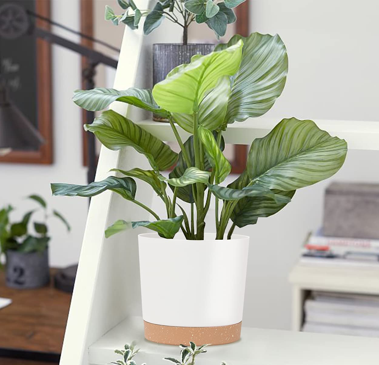 kubvici 8'' Plastic Flower Planter Pots Set of 2 Indoor Outdoor Planters with Drainage Saucer for Garden Home (Green & White, 8 inch)