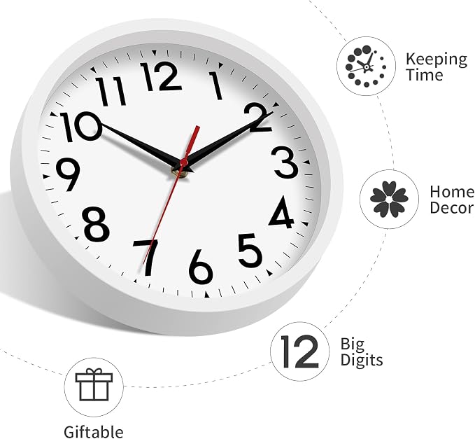 DAXSMY 12 Inch Wall Clock Battery Operated Silent Non Ticking Analog Modern Decorative for Office Kitchen Outdoor Living Room Classroom Bedroom Bathroom School(White)