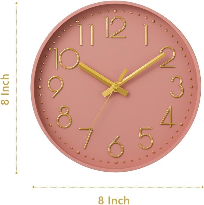 DAXSMY Wall Clock - 8 Inch Silent Non-Ticking Modern 3D Wall Clocks Battery Operated - Decorative Clock for Kitchen, Home Office, Bathroom, Bedroom(Pink)
