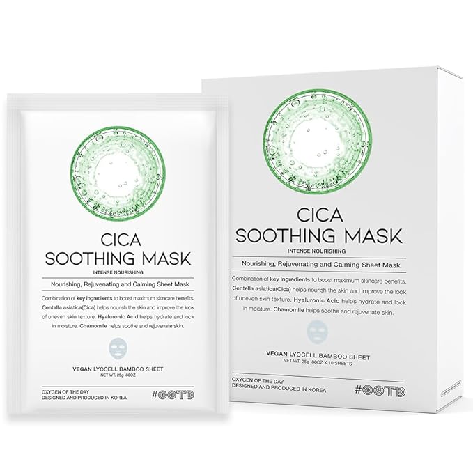Cica Calming Mask for Face Sensitive Irritated Skin, Soothing, Moisturizing, Korean Anti Aging Face Mask, Eve Vegan, Chamomile, Hyaluronic Acid 10EA