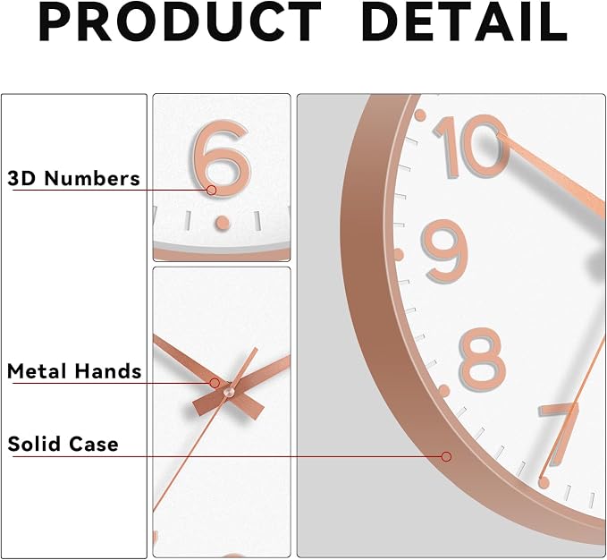 Roymnie Wall Clock, Silent Wall Clocks Battery Operated 8 Inch-Modern Non Ticking Analog Clock Decorative for Kitchen Office Bathroom Bedroom(White Rose Gold)