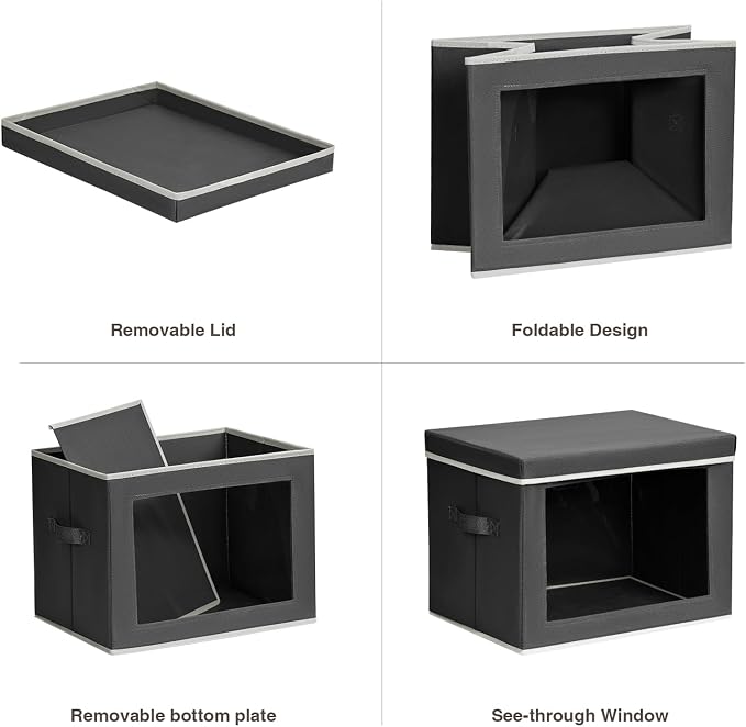 Homsorout Stackable Storage Bins with Lids - Large Storage Box with Lids, Foldable Closet Boxes for Organizing, Wardrobe Clothes Organizer with Window, Cubes Bins for Living Room, 4 Pack, Dark Grey