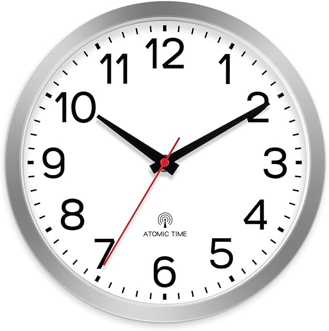 AKCISOT Atomic Silver Wall Clock Analog Clocks Battery Operated Clock for Bedroom Office Classroom Living Room(10 Inch)