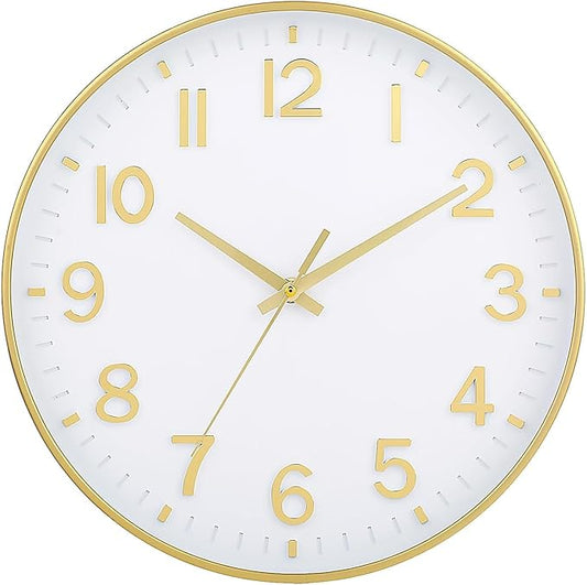 HZDHCLH Wall Clocks Battery Operated,Wall Clock White Gold,10 inch Wall Clock Silent Non Ticking Modern 3D Numbers for Office Kitchen Classroom Bedroom Living Room Decor