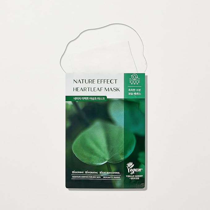 LEADERS Nature Effect Heartleaf Mask - Hydrating & Restoring Face Mask for Dry, Acne-Prone, Sensitive Skin | Soothing, Balancing, & Soft Skin Control Serum Content, Vegan Certified - 10 Sheets