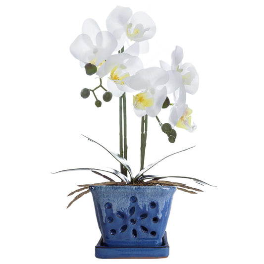 vensovo 5.5 Inch Orchid Pot with Holes Rectangular for Repotting, Ceramic Orchid Planter Indoor/Outdoor Use with Enhanced Airflow & Drainage, Blue