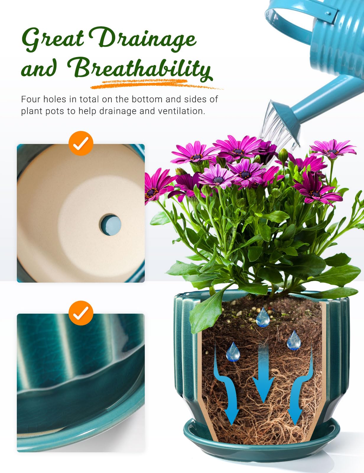 AISBUGUR Plant Pots 6 inch Ceramic Pots for Indoor Plants Set of 2 Flower Pots Unique Crackle Glaze Design Plant Pots with Drainage Hole and Saucer Come with Drainage Nets (Aqua Green)