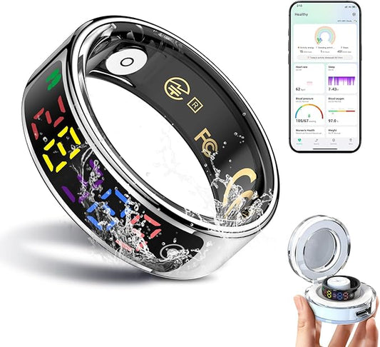 Smart Ring for Women Men, Health Ring with Colorful Display, Fitness Tracker with Heart Rate, Blood Oxygen, Sleep Monitor, No Subscription Fee, 5ATM Waterproof for iPhone & Android (Silver, 8)
